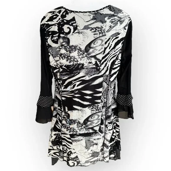 Mirror Image Black White Flowy Handkerchief Tunic Blouse 3/4 sleeves Large - Picture 3 of 4